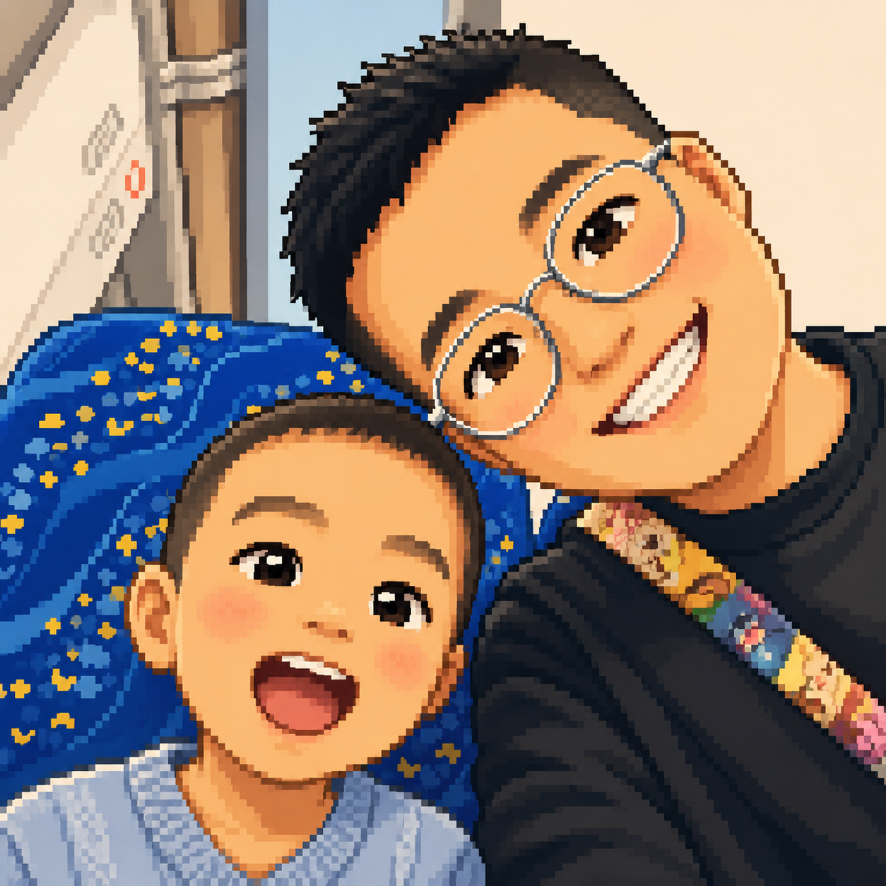 Pixel-art portrait of Qiang Zhou and his son